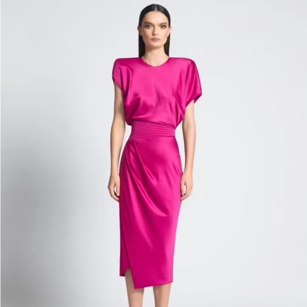 Zhivago fuchsia pink satin structured shoulder midi dress — 2 (XS)